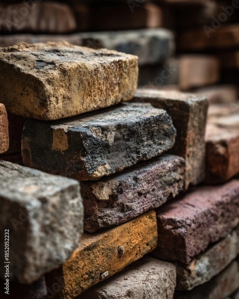 Fototapeta Close-up view of assorted weathered bricks stacked in a rustic manner