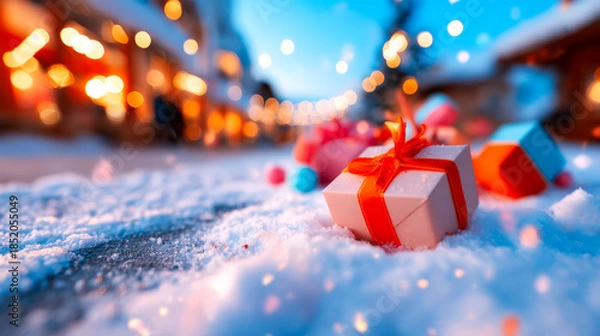 Fototapeta Christmas gifts under snowfall with bokeh lights and festive holiday atmosphere