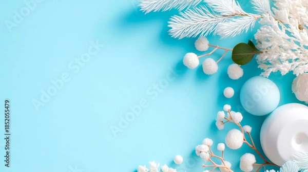 Fototapeta Elegant winter scene with frosted pine branches and blue holiday ornaments