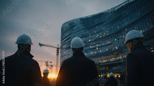 Fototapeta Construction workers observing modern building development at sunset