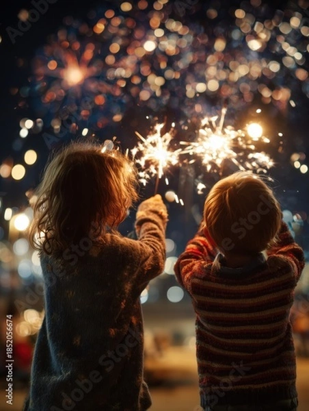 Fototapeta Children enjoying sparkler fireworks at night with colorful bokeh in a joyful festive atmosphere