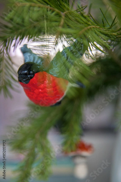 Obraz Spruce branches decorated with New Year and Christmas decorations