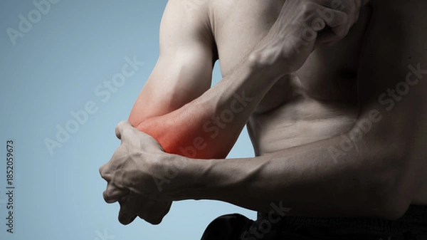 Fototapeta A man is holding his painful elbow