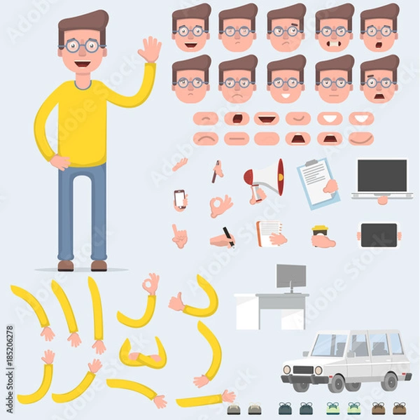 Fototapeta Creating a young guy with a lot of different views, emotions, postures and gestures. Cartoon style, flat vector illustration.