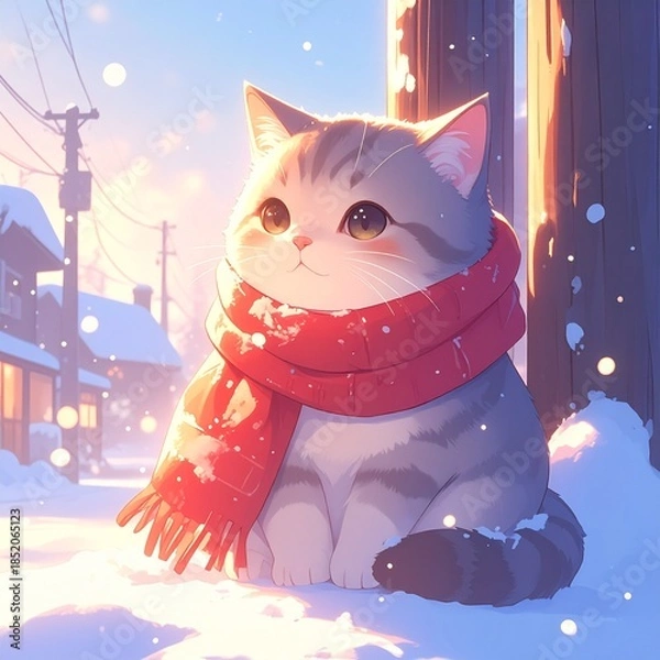 Fototapeta 雪がゆっくり舞う冬の町。小さな猫が赤いマフラーを巻き、電柱の下でちょこんと座っている