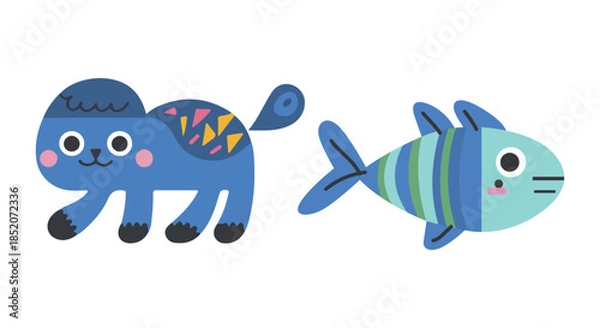 Obraz Whimsical Cat and Fish Characters with Geometric Decorations