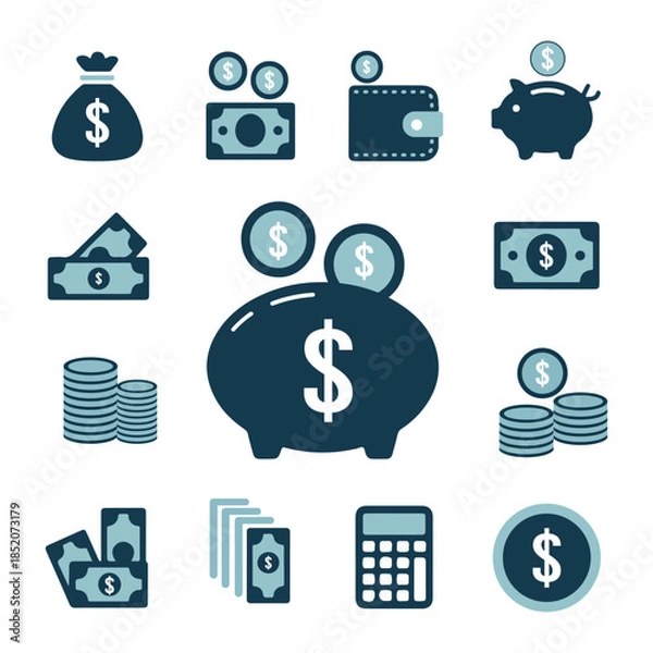 Obraz Financial Icon Set with Money, Coins, Wallets, and Piggy Banks