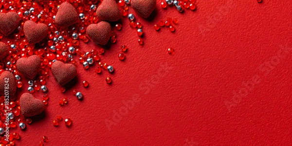 Obraz Beautiful scarlet background with sparkling hearts and beads, copy space, horizontal banner