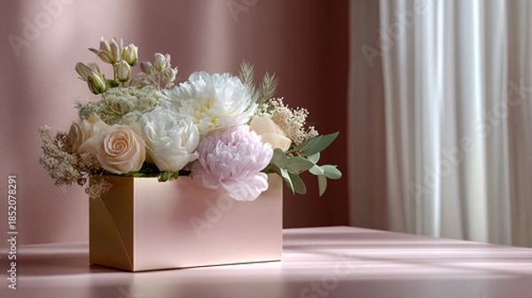 Obraz An envelope with beautiful flowers and leaves. Floral arrangement, creative layout. Spring, summer, or garden concept. A gift for Women's Day or Valentine's Day.