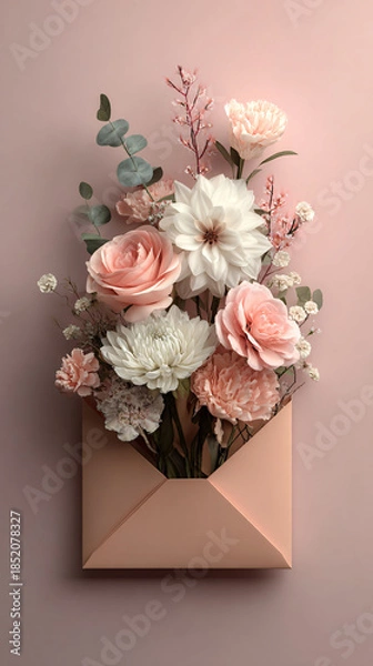 Obraz An envelope with beautiful flowers and leaves. Floral arrangement, creative layout. Top view. Spring, summer, or garden concept. A gift for Women's Day or Valentine's Day.
