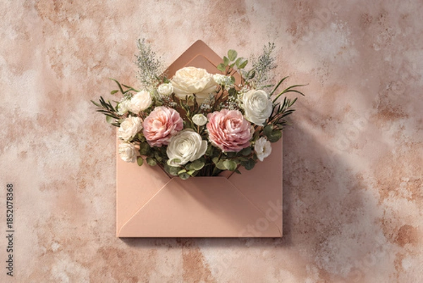 Obraz An envelope with beautiful flowers and leaves. Floral arrangement, creative layout. Top view. Spring, summer, or garden concept. A gift for Women's Day or Valentine's Day.