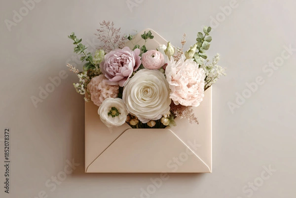 Obraz An envelope with beautiful flowers and leaves. Floral arrangement, creative layout. Top view. Spring, summer, or garden concept. A gift for Women's Day or Valentine's Day.