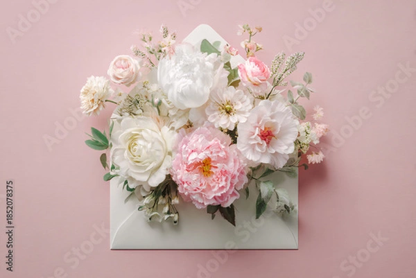Obraz An envelope with beautiful flowers and leaves. Floral arrangement, creative layout. Top view. Spring, summer, or garden concept. A gift for Women's Day or Valentine's Day.
