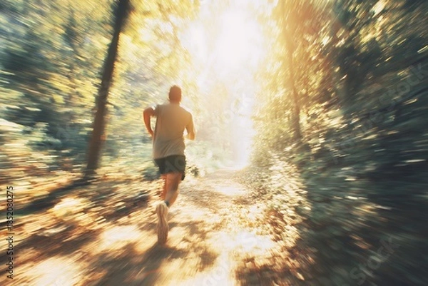 Obraz man running on a sunlit forest trail