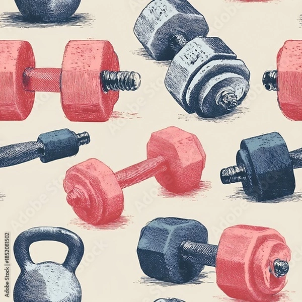 Obraz seamless pattern shows hand drawn dumbbells and kettlebells
