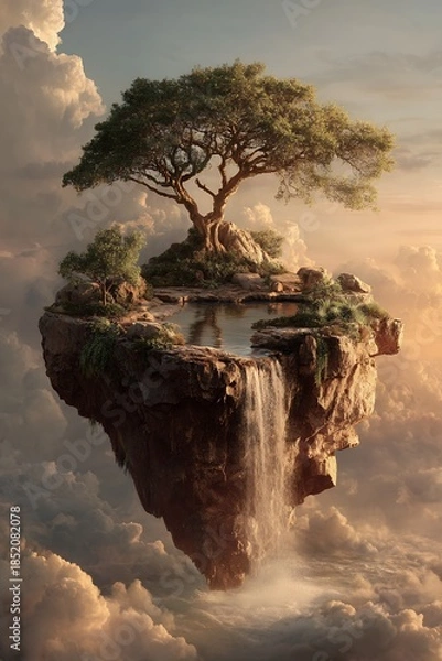 Obraz single tree grows on a floating island with waterfall