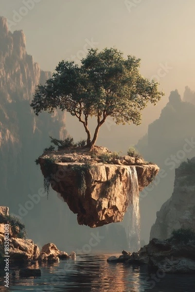 Obraz a lone tree grows on a floating island with a waterfall