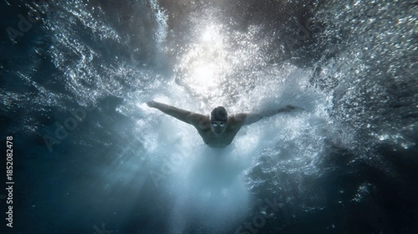 Obraz swimmer underwater mid stroke with light rays
