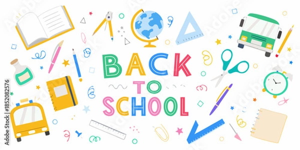 Obraz Back to school supplies scattered around a colorful playful learning environment