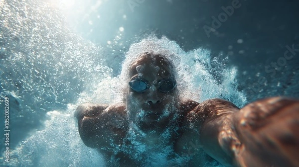 Obraz swimmer moves through water creating bubbles and sun rays