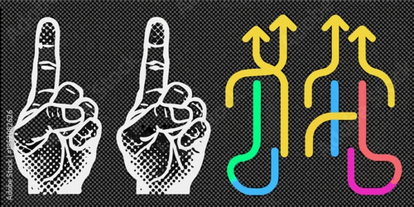 Obraz Depiction of hands making gestures alongside colorful abstract arrow like shapes