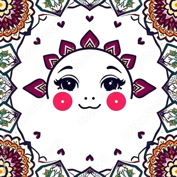 Obraz Cute Cartoon Face with Floral Mandala Design. colorful design, playful illustration, kawaii style, vibrant artwork, happy expression