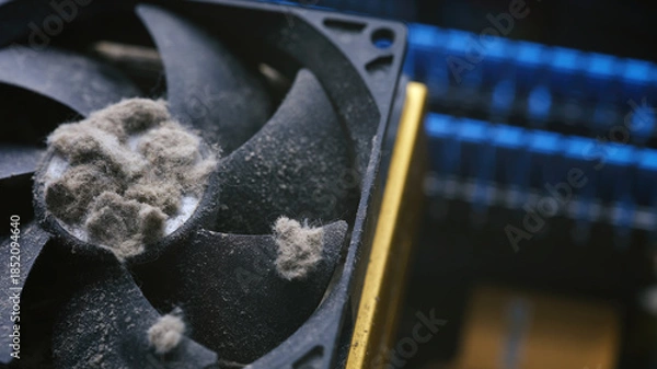 Obraz Close-up shot showing mounds of thick dust clogging a PC cooling fan.