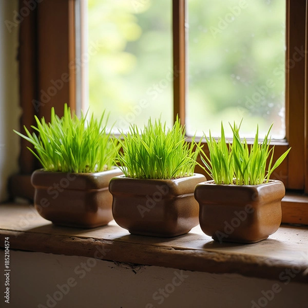 Obraz Wheat sprouts in rectangular ceramic pots creating a spring mood