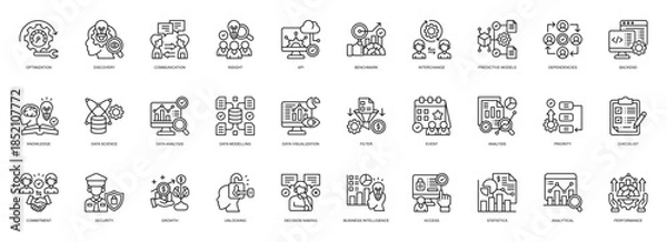 Obraz Business Intelligence icon collection line style. containing Optimization, Discovery, Communication, Insight, Api, Benchmark