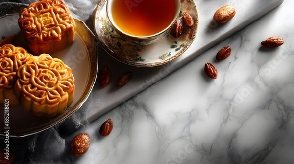 Obraz Mooncake tea flat lay marble table