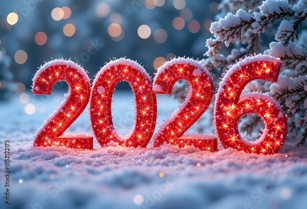 Obraz Glowing red 2026 numbers sparkle in fresh snow, set against a festive winter bokeh background with evergreen branches. A celebratory scene for New Year's, Christmas, and upcoming seasonal events.