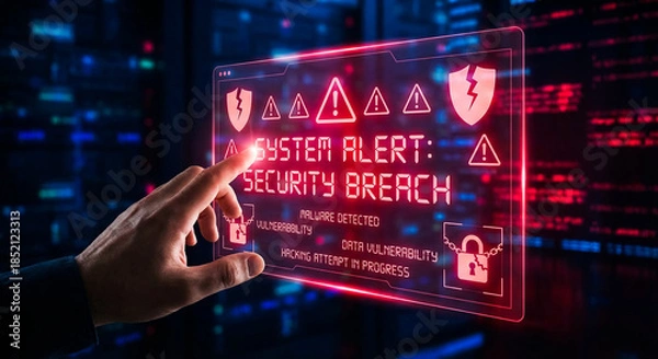 Fototapeta System Alert Security Breach Interface with Malware and Hacking Warning, 