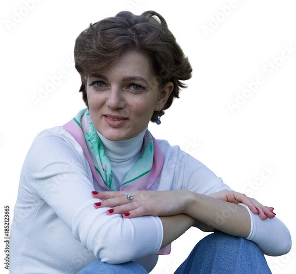 Fototapeta Young woman in the park. Cute girl portrait in french style.