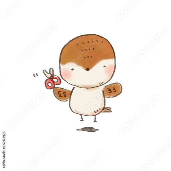 Obraz ハサミを持って前髪を切るすずめのイラスト