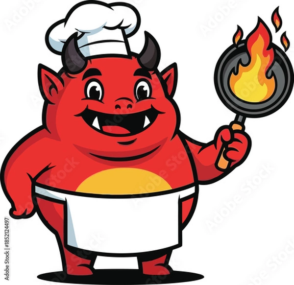 Obraz Smiling red devil chef cooking with fiery pan and apron on