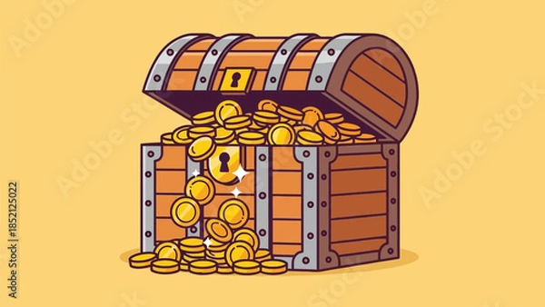 Obraz Treasure chest overflowing with gold coins on yellow background