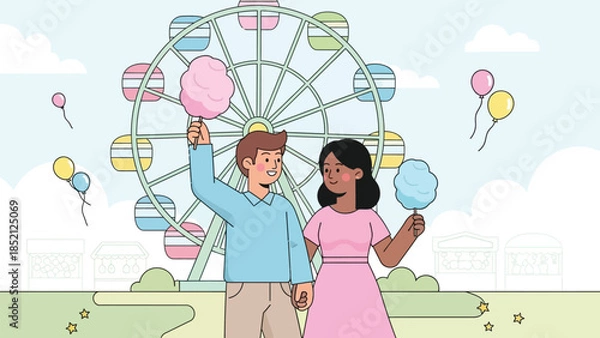 Obraz Happy couple enjoying cotton candy at a colorful carnival