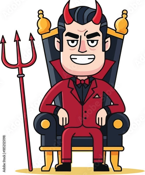 Obraz Cartoon devil businessman sitting on throne with trident smiling slyly