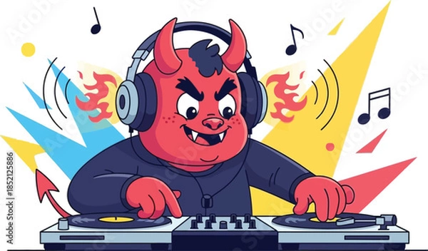 Obraz Cartoon devil DJ spinning tracks with headphones on turntables