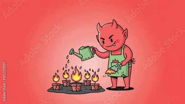 Obraz Cute devil character nurturing burning plants with watering can