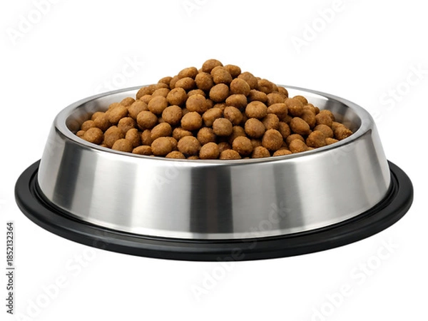 Obraz Stainless steel dog food bowl filled with brown kibble dog food, pet food, kibble, stainless steel bowl, pet bowl, animal food, brown kibble, metal bowl, black base, pet dish, food bowl, canine food, 
