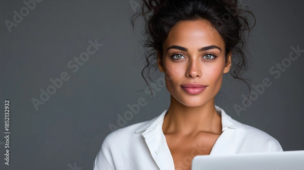 Fototapeta Woman Gently Closing Laptop, Peaceful Corporate Portrait with Copy Space