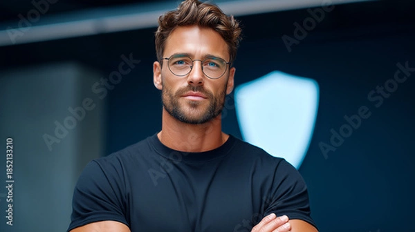 Fototapeta IT Consultant with Subtle Shield Reflection, Minimalist Cybersecurity Portrait