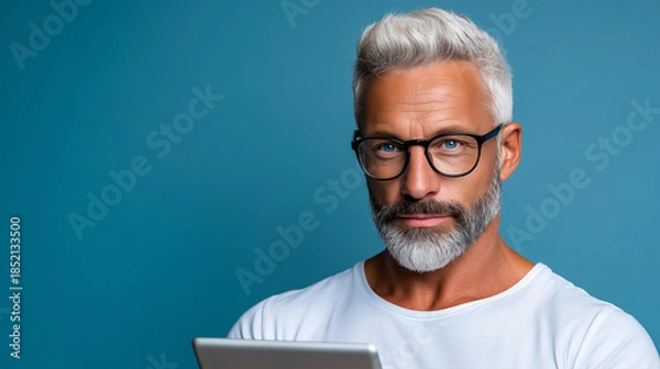 Fototapeta Middle-Aged Man Reviewing Finances on Tablet, Minimal Corporate Financial Portrait