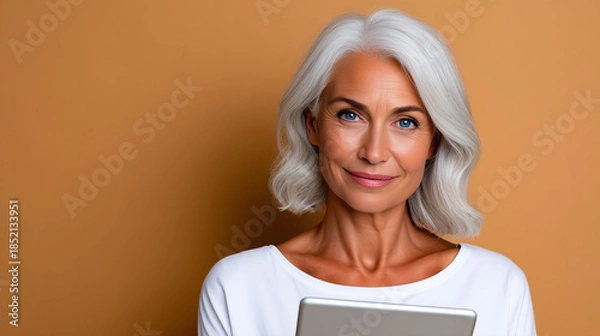 Fototapeta Senior Woman Using Online Banking on Tablet, Reassuring Digital Finance Portrait