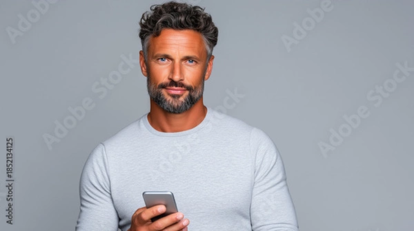 Fototapeta Man Using Modern Banking App on Smartphone, Clean Financial Technology Portrait