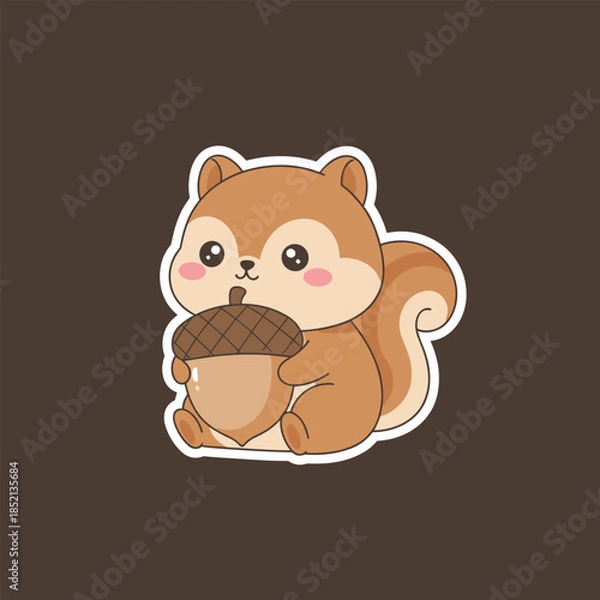 Fototapeta Adorable Cartoon Squirrel Holding an Acorn with Big Eyes.