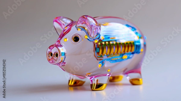 Fototapeta Transparent Digital Piggy Bank with Glowing Elements, Modern Fintech Savings Still Life