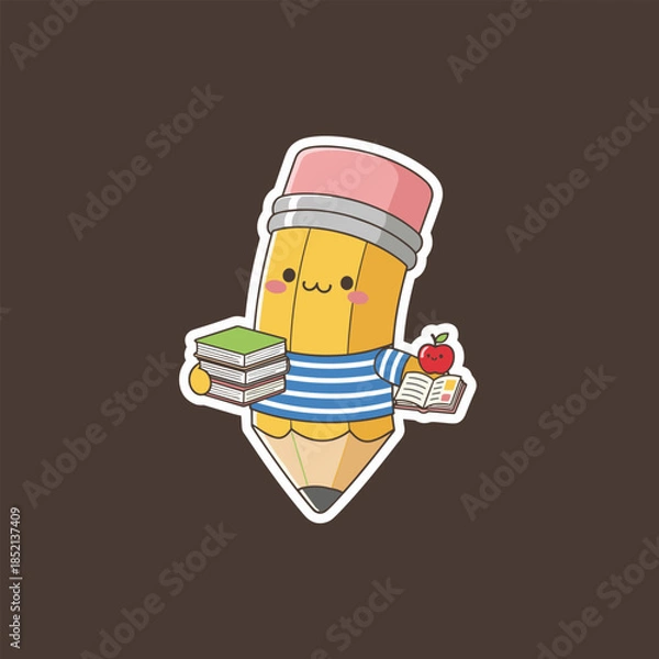 Fototapeta Cute Pencil Character with Books and Apple for Education.