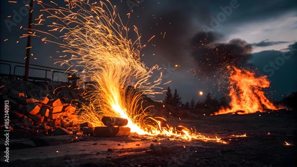 Obraz Dramatic Fire Burning at Night Outdoor Scene